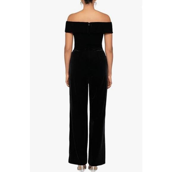 XSCAPE Women's Deta Off Shoulder Jumpsuit Size 12 Black Velvet Fold Over NWT - Picture 3 of 13